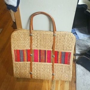 Large Vintage Straw Woven Bag with Leather handles